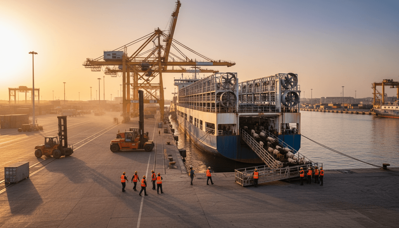 Livestock vessel docked at Amman port during golden hour