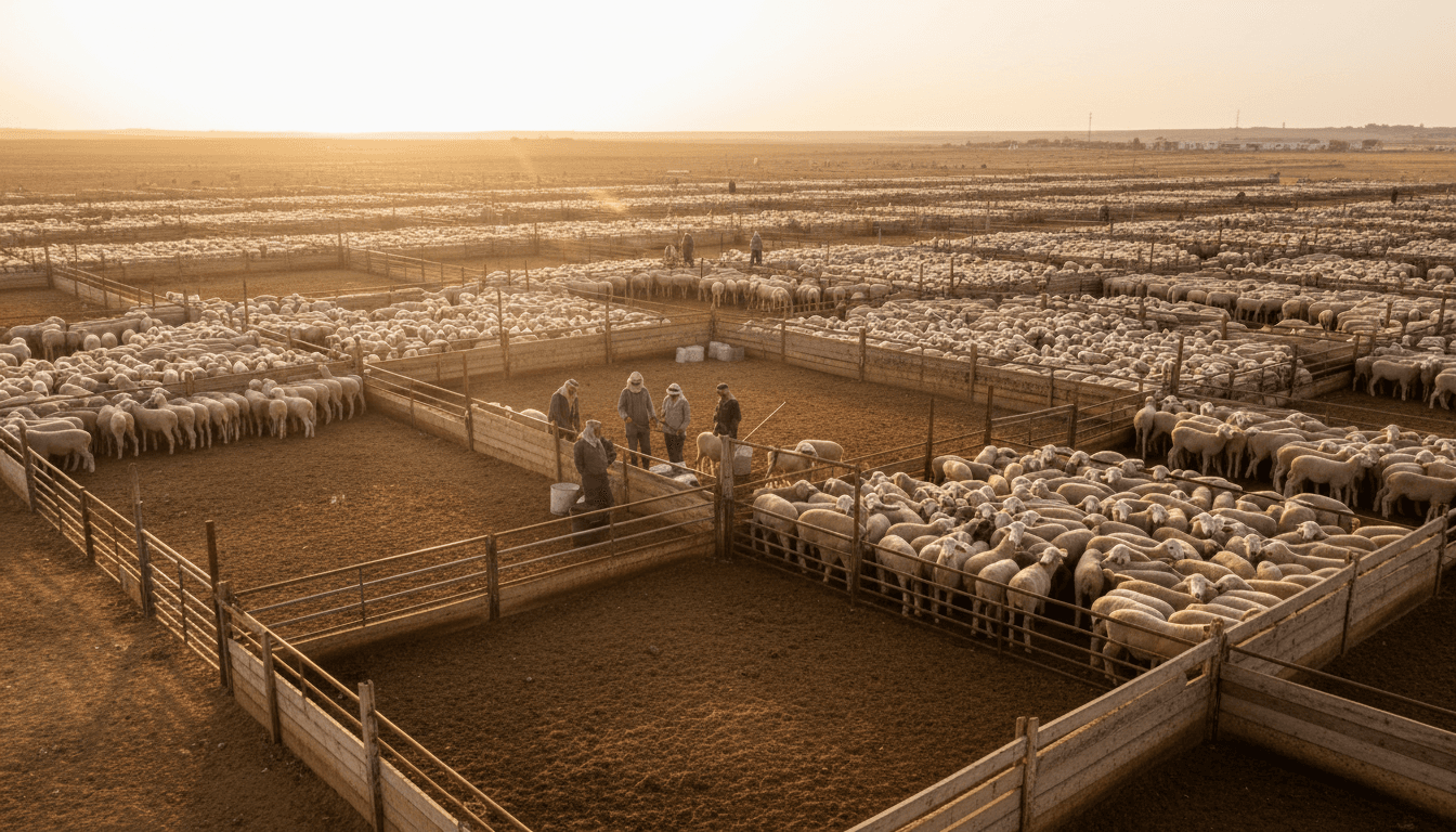 Al Mafraq livestock feedlot with lambs and cattle pens under natural light