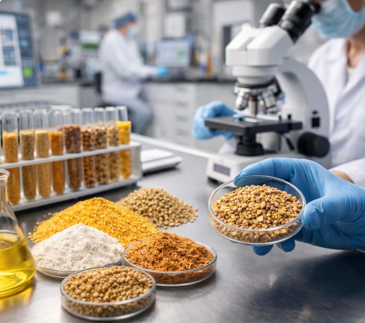 Scientist holding a petri dish of grains in a laboratory with a microscope and samples.