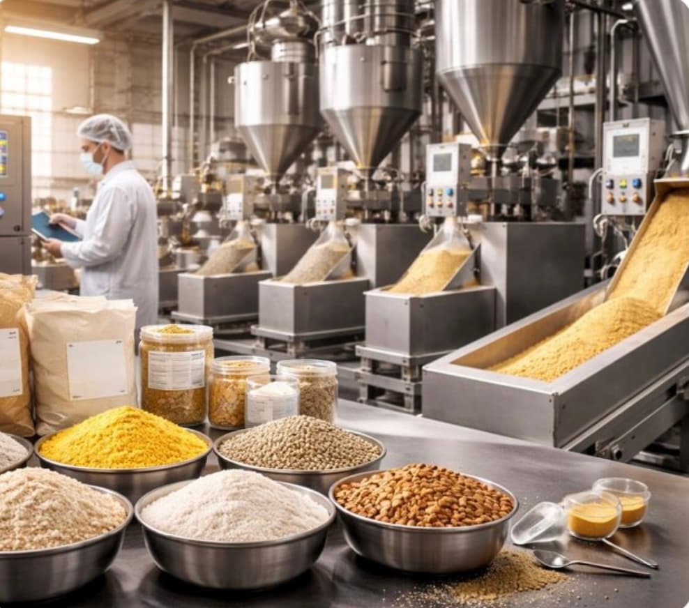 Worker monitors industrial food processing machinery behind bowls of various grains, seeds, and powders.